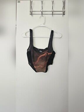 Bershka Black & Brown Mesh Painting Crop Top With Faux Boning